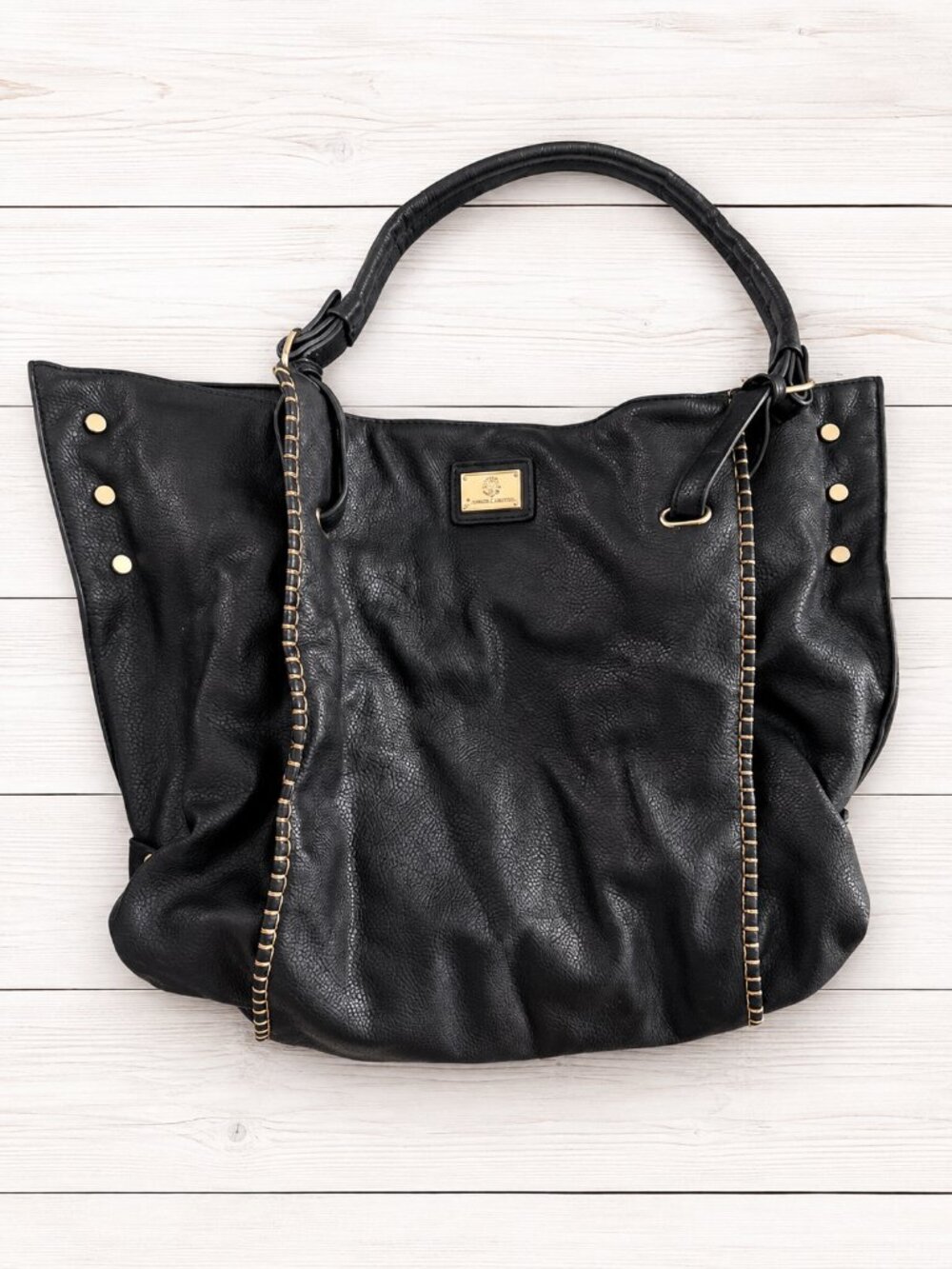 Christian Lacroix Black Faux Leather Tote Bag Gold Hardware Blue Lining Large Pu